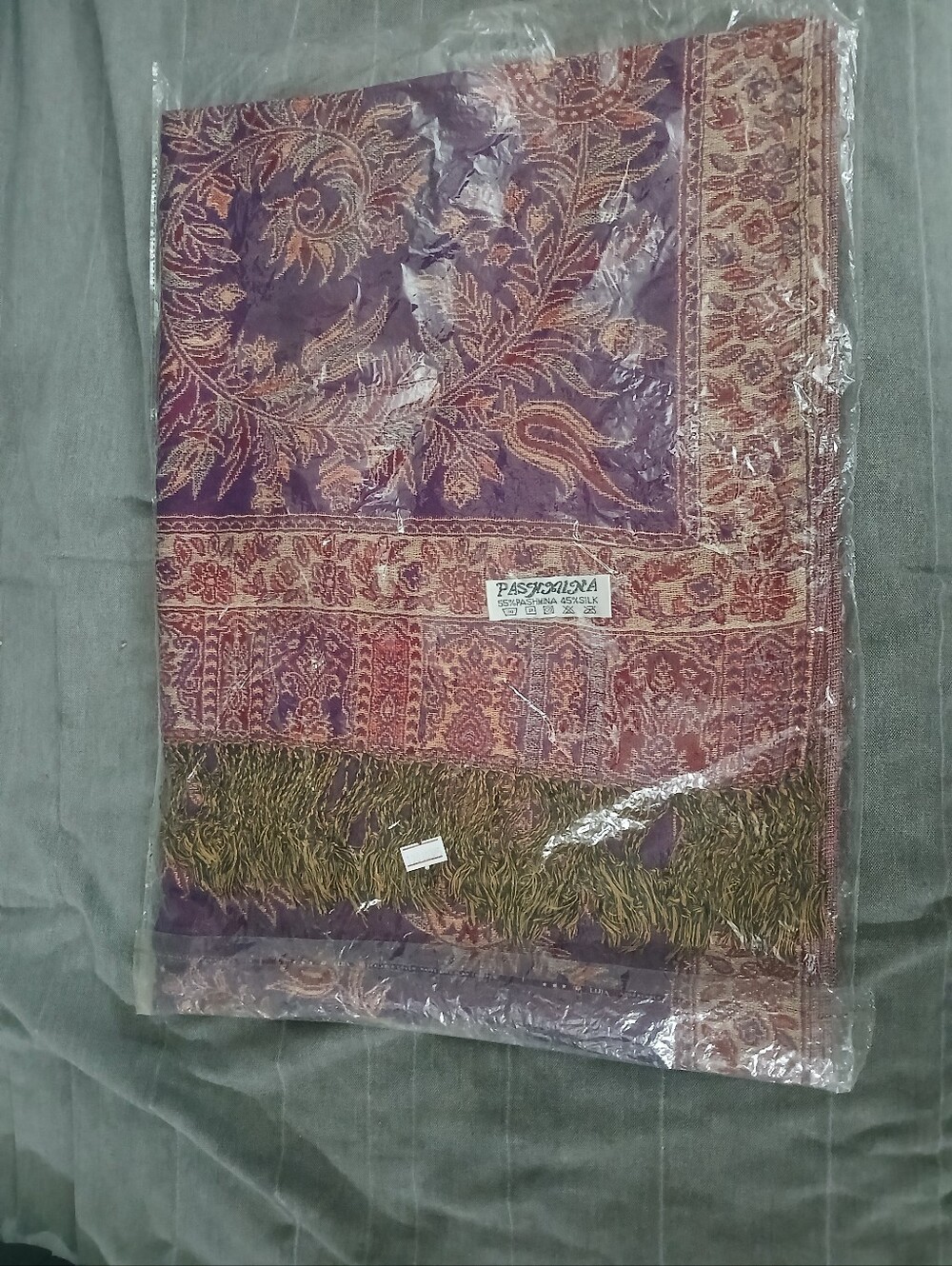 Embroidered Paisley Pashmina in Purple and Olive Green